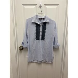 Liza Byrd Blue Pinstripe Blouse - Blue Stripe Button Down with Lace Detail - Med